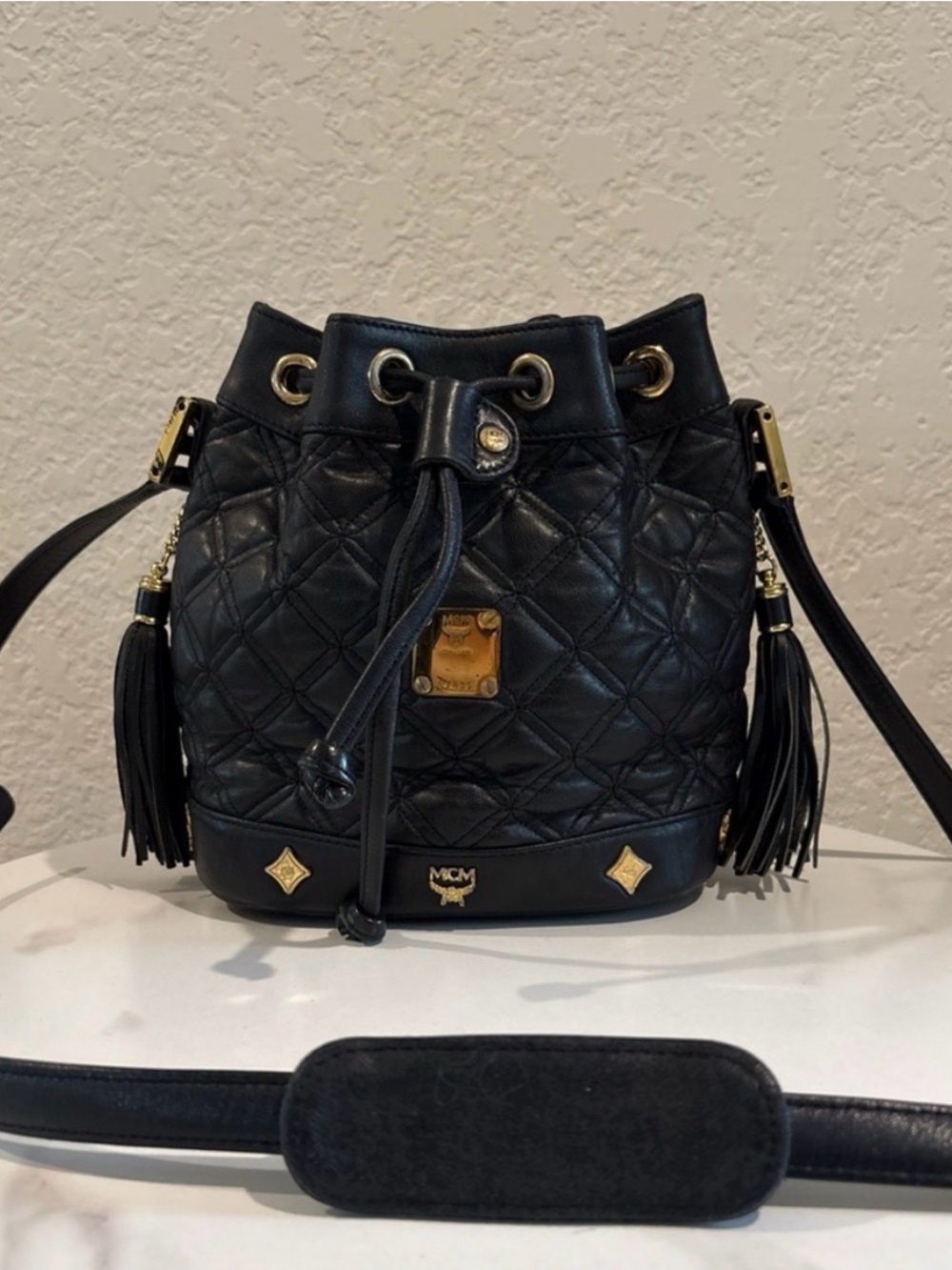 MCM Black Quilted Leather Drawstring Bucket Bag with Tassels